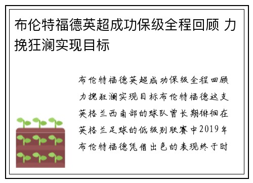 布伦特福德英超成功保级全程回顾 力挽狂澜实现目标
